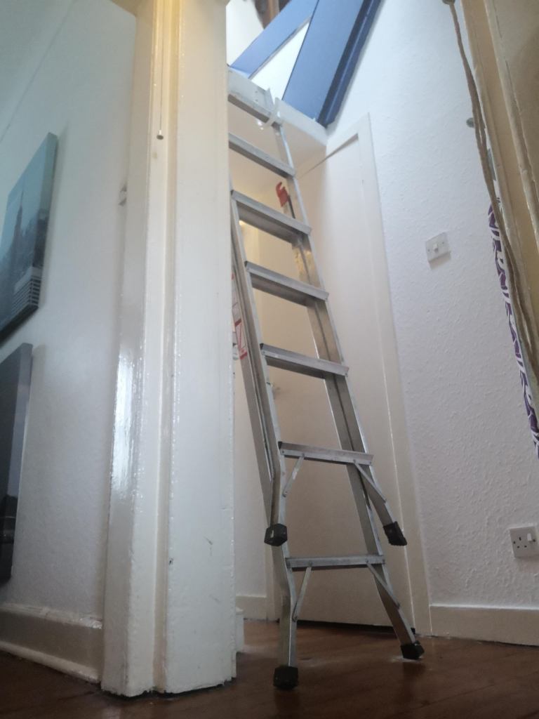 A creaky old ladder leading up to an attic